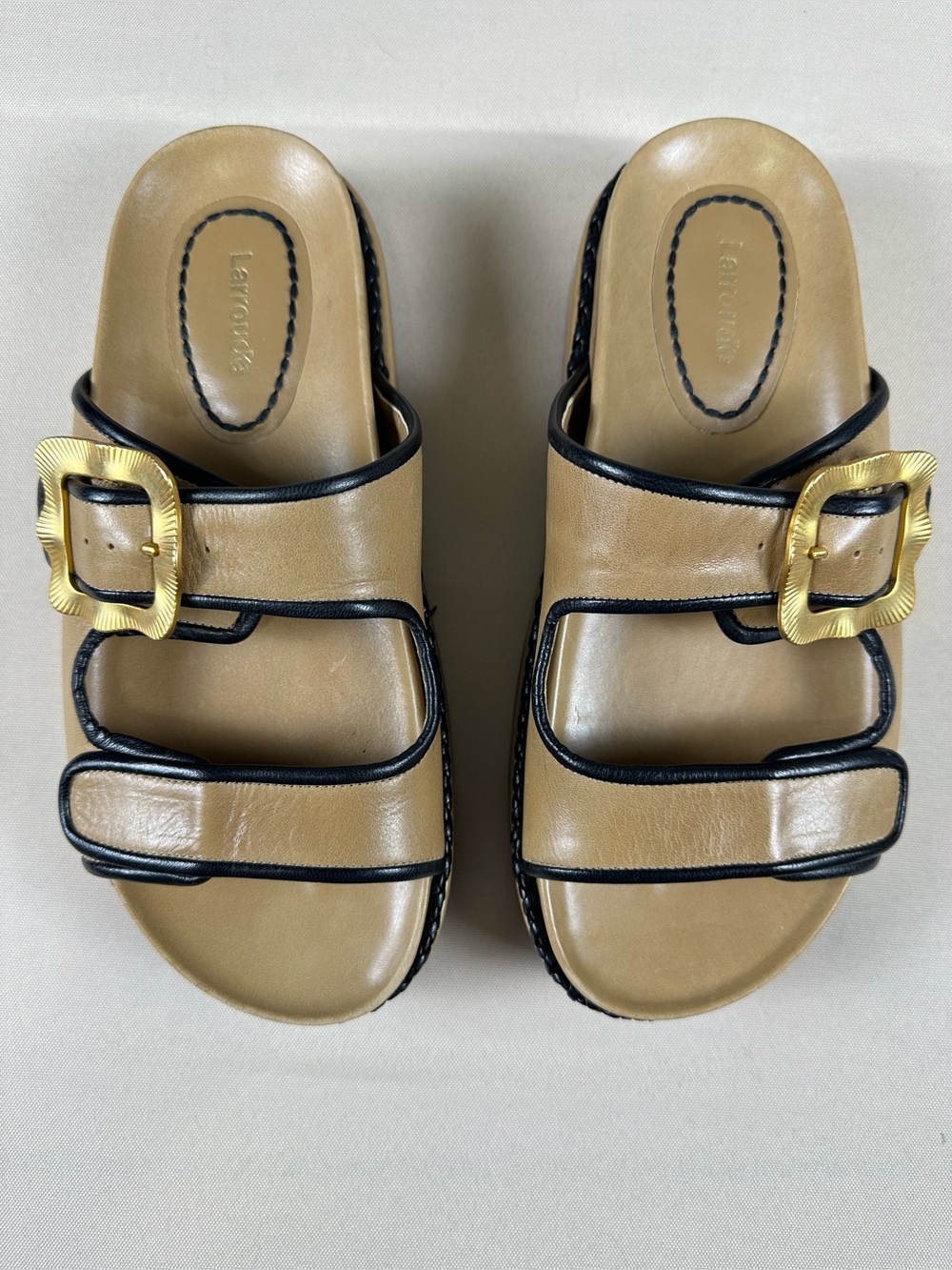 Larroudé Tan Leather Platform Slide Sandals Gold Buckle Size 7